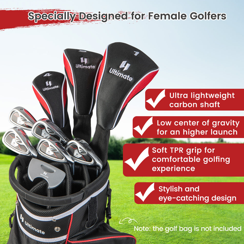 Women's 9-piece complete golf club set in red with ultra lightweight carbon shafts and soft TPR grips for beginners.