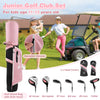 Junior golf club set in pink with stand bag, includes driver, hybrid, irons, and putter, ideal for kids aged 11-13.