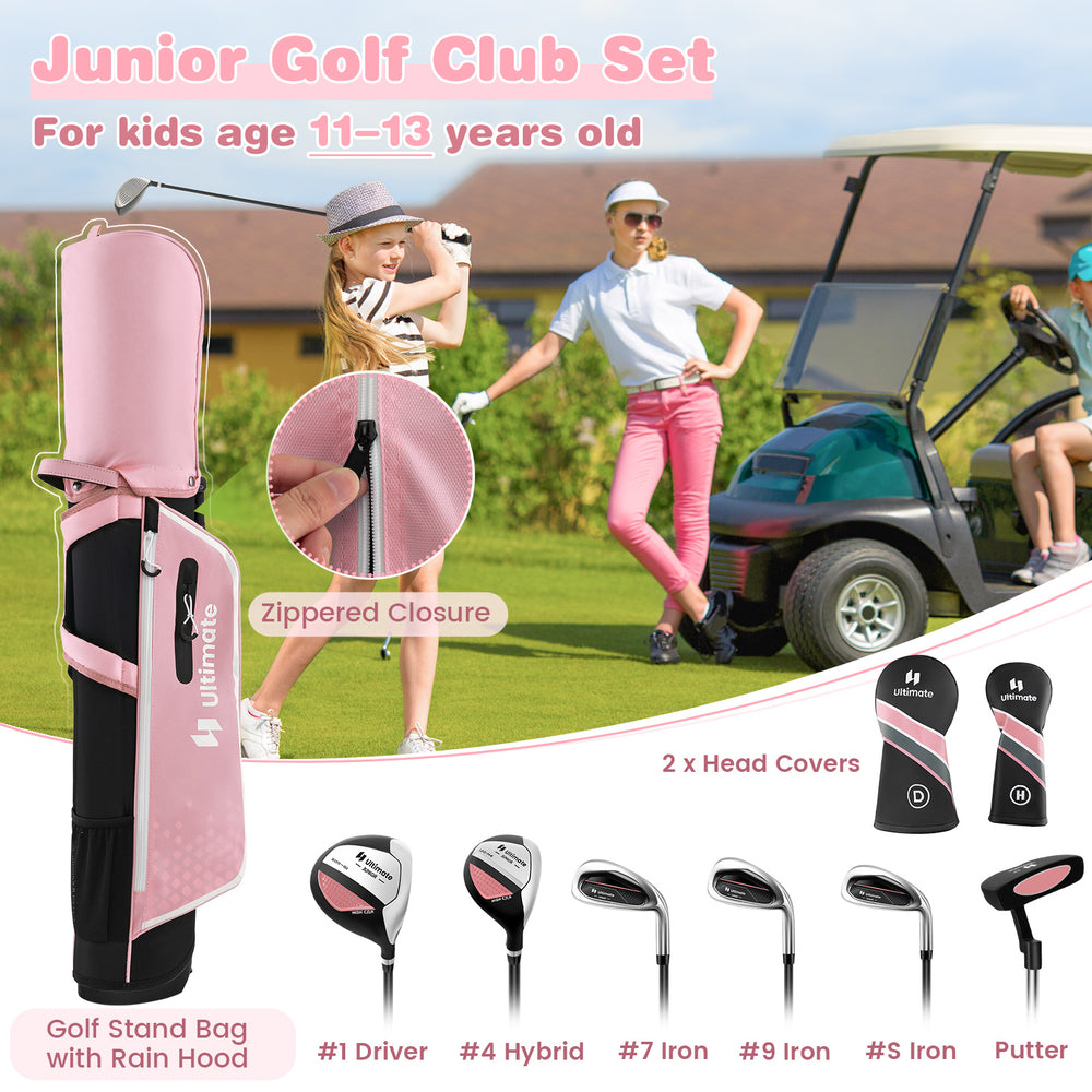 Junior golf club set in pink with stand bag, includes driver, hybrid, irons, and putter, ideal for kids aged 11-13.