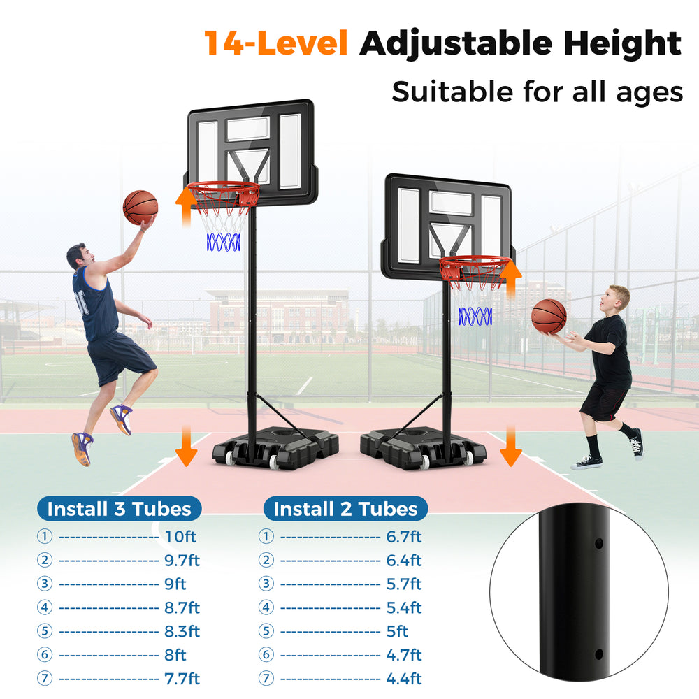 Portable basketball hoop with 14-level adjustable height, 44" backboard, and fillable base for stability, suitable for.