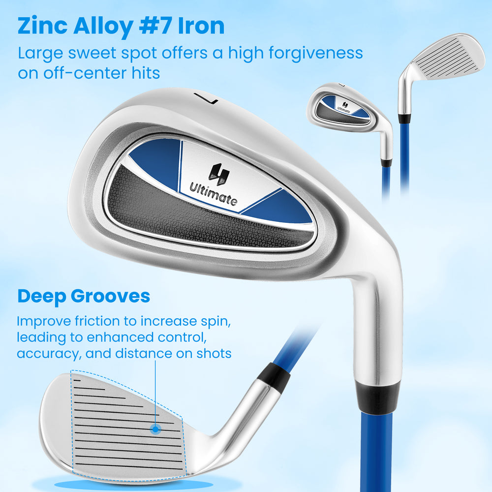 Junior #7 iron for kids with aluminum alloy head, fiberglass shaft, and deep grooves for enhanced control and.
