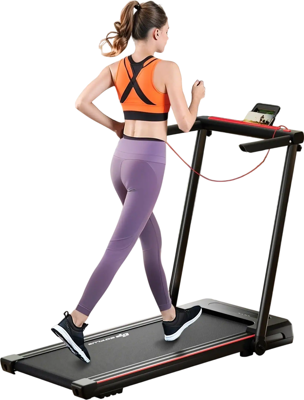 Folding treadmill with large desk and LCD display, showcasing a user walking indoors for fitness and convenience.