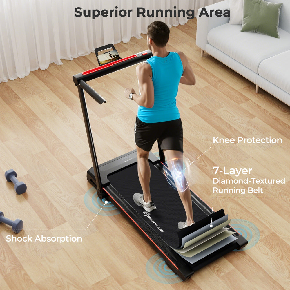 Folding treadmill with a spacious 5-layer running belt, LCD display, and shock-absorbing design for joint protection.