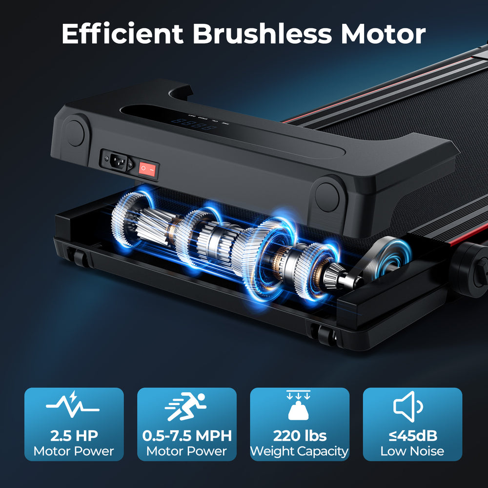 Close-up of the efficient brushless motor in the 3-in-1 folding treadmill, featuring 2.5 HP and low noise operation.