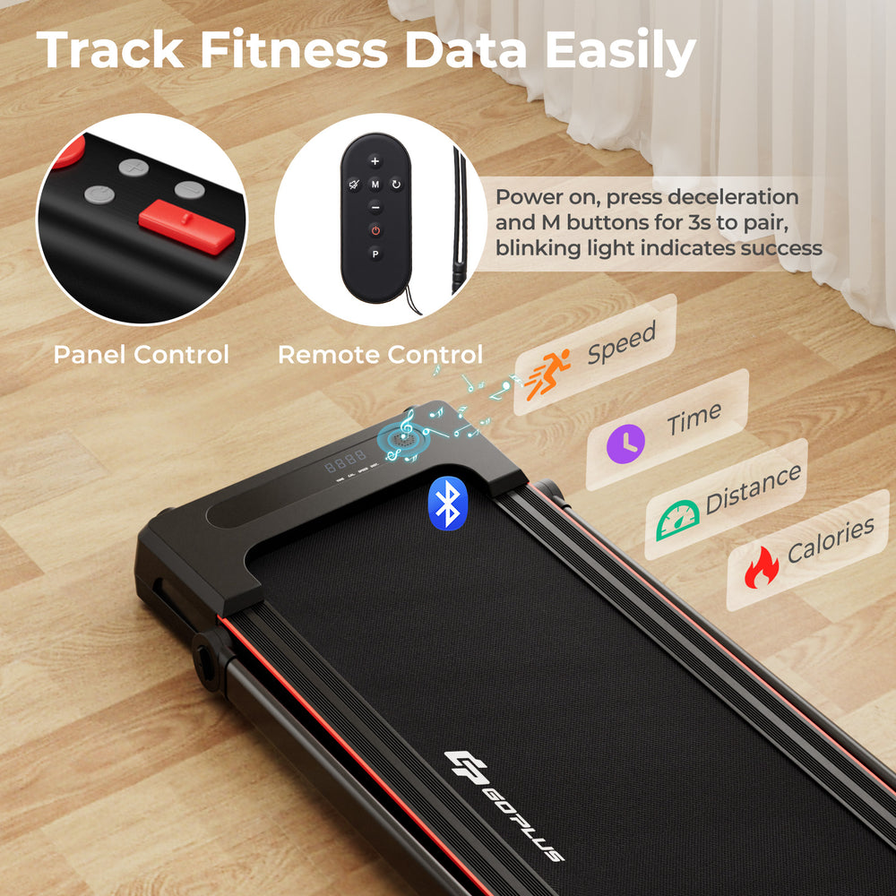 3-in-1 folding treadmill with large desk, LCD display, and remote control for convenient workouts at home.