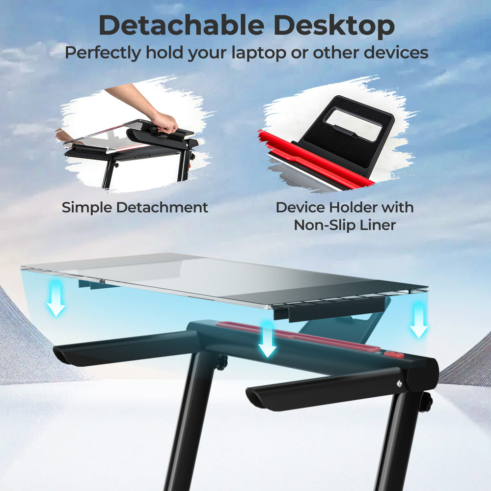 Detachable acrylic tabletop for the 3-in-1 folding treadmill, ideal for laptops and devices during workouts.