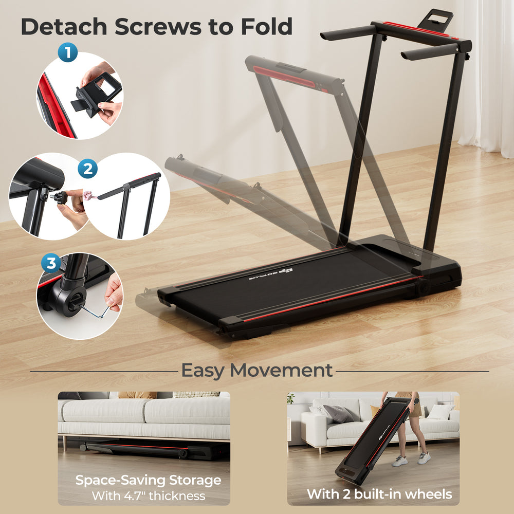 Folding treadmill with large desk and LCD display, showcasing easy movement with built-in wheels for convenient storage.