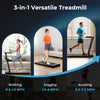 3-in-1 folding treadmill showcasing walking, jogging, and running modes with a large desk and LCD display for versatile.