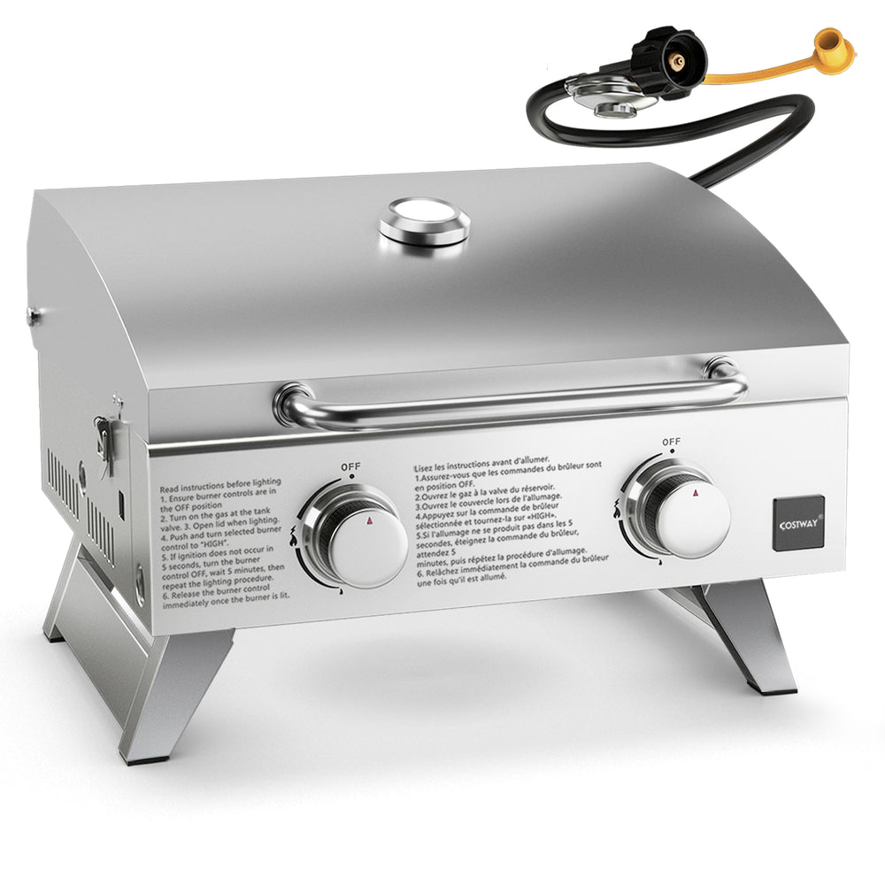 Stainless steel propane grill with lid, two 10,000 BTU burners, ideal for outdoor camping and picnics.