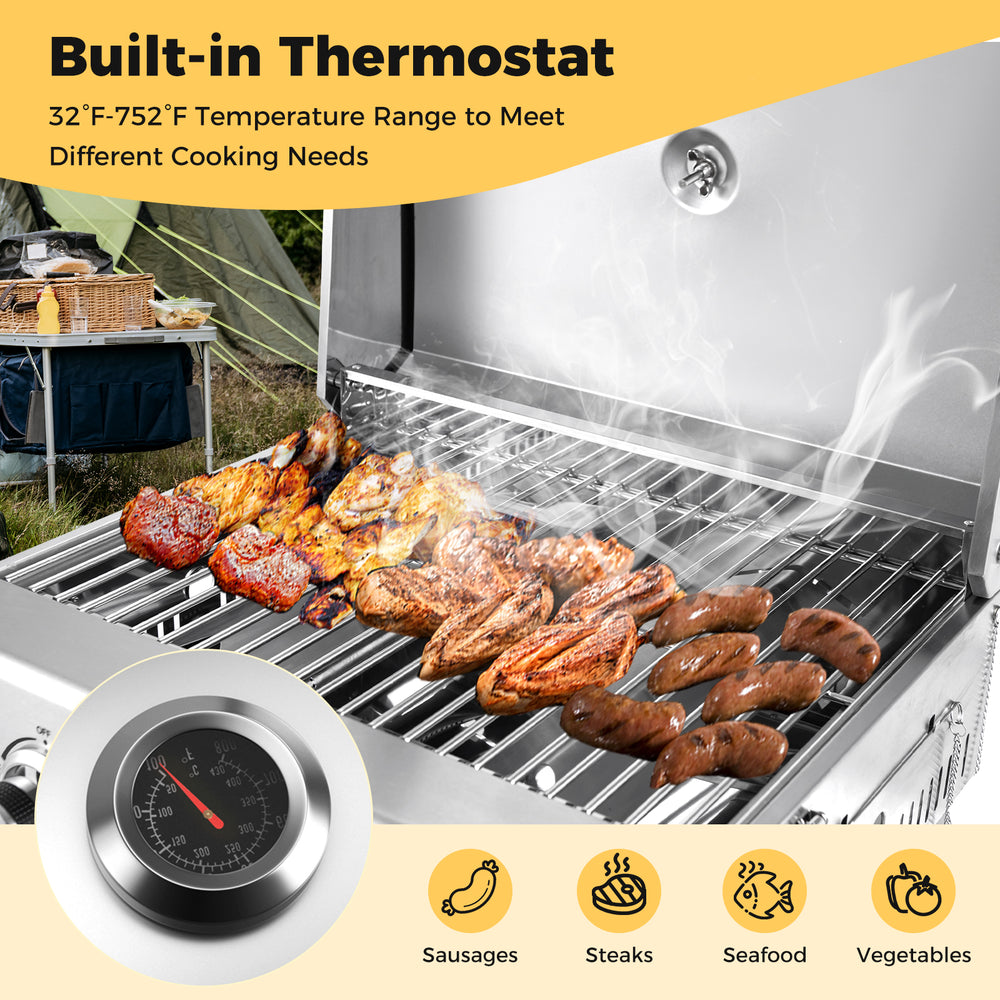 Stainless steel propane grill with built-in thermometer, showcasing grilled sausages and steaks for outdoor cooking.