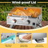 Stainless steel propane grill with wind-proof lid, two burners, and easy-clean grease tray for outdoor cooking.