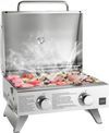 Stainless steel propane grill with lid, featuring two burners and a thermometer, ideal for outdoor parties and picnics.
