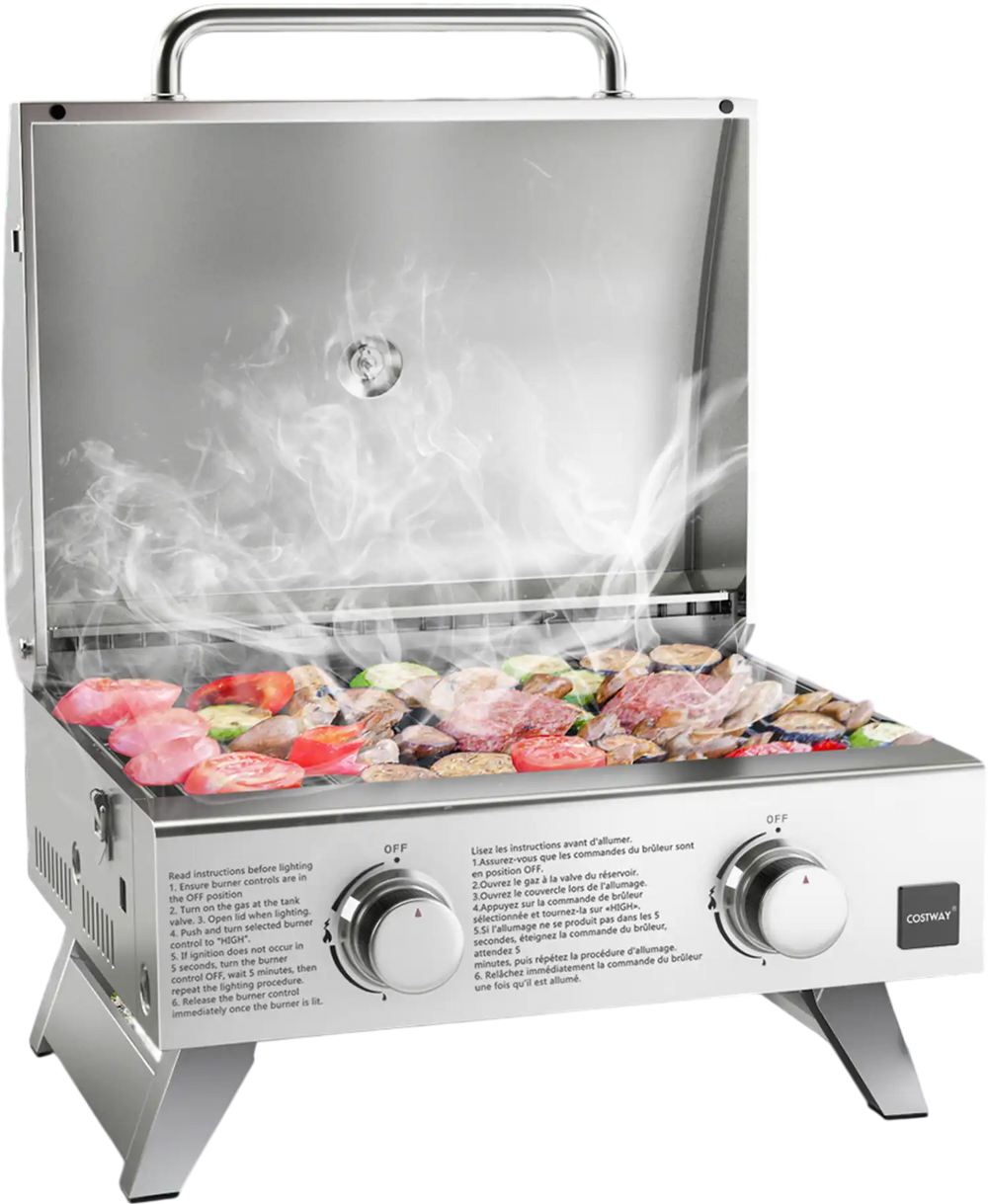 Stainless steel propane grill with lid, featuring two burners and a thermometer, ideal for outdoor parties and picnics.