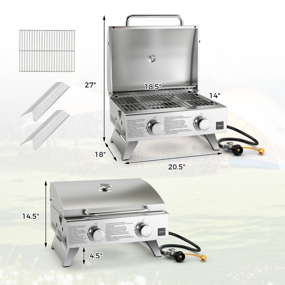 Stainless steel propane grill with lid, featuring two burners and foldable legs, ideal for camping and outdoor parties.