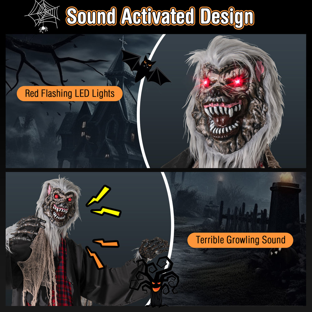 Standing animatronic werewolf with red flashing eyes, growling sounds, and poseable arms for Halloween yard decoration.
