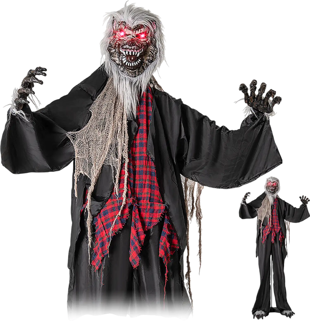 8.2 FT Standing Animatronic Werewolf with Howling Sounds, Red Flashing Eyes and Poseable Arms