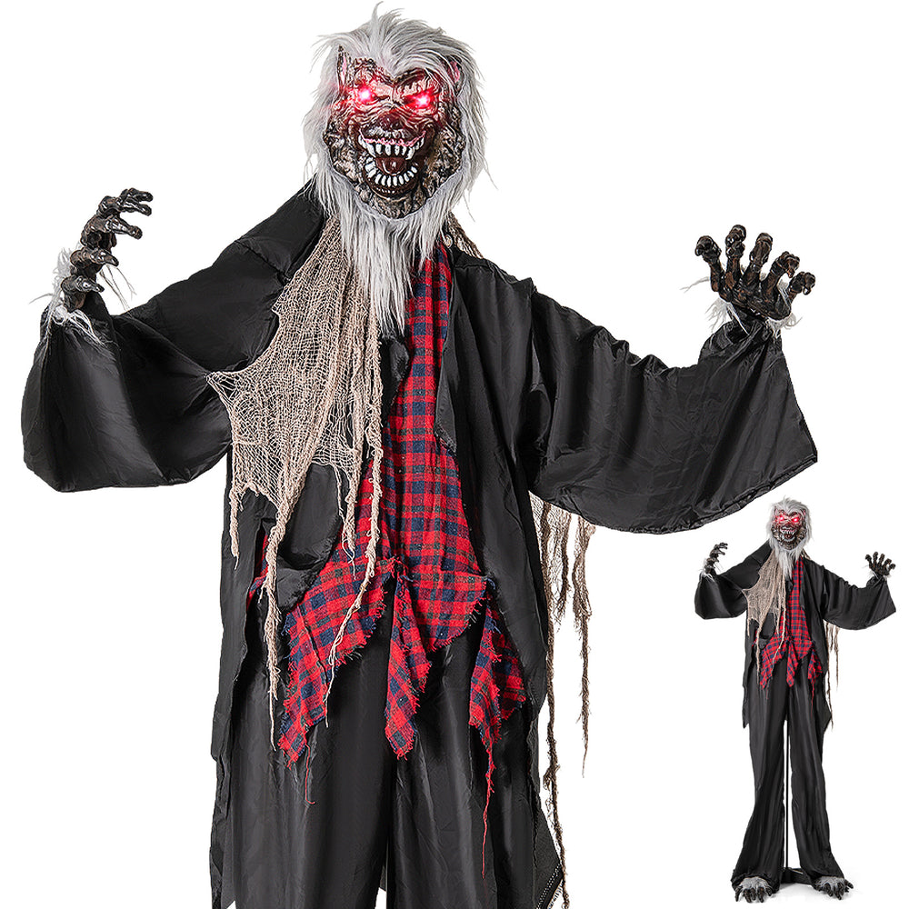 Standing 8.2 FT animatronic werewolf with red flashing eyes, poseable arms, and howling sounds for Halloween decoration.