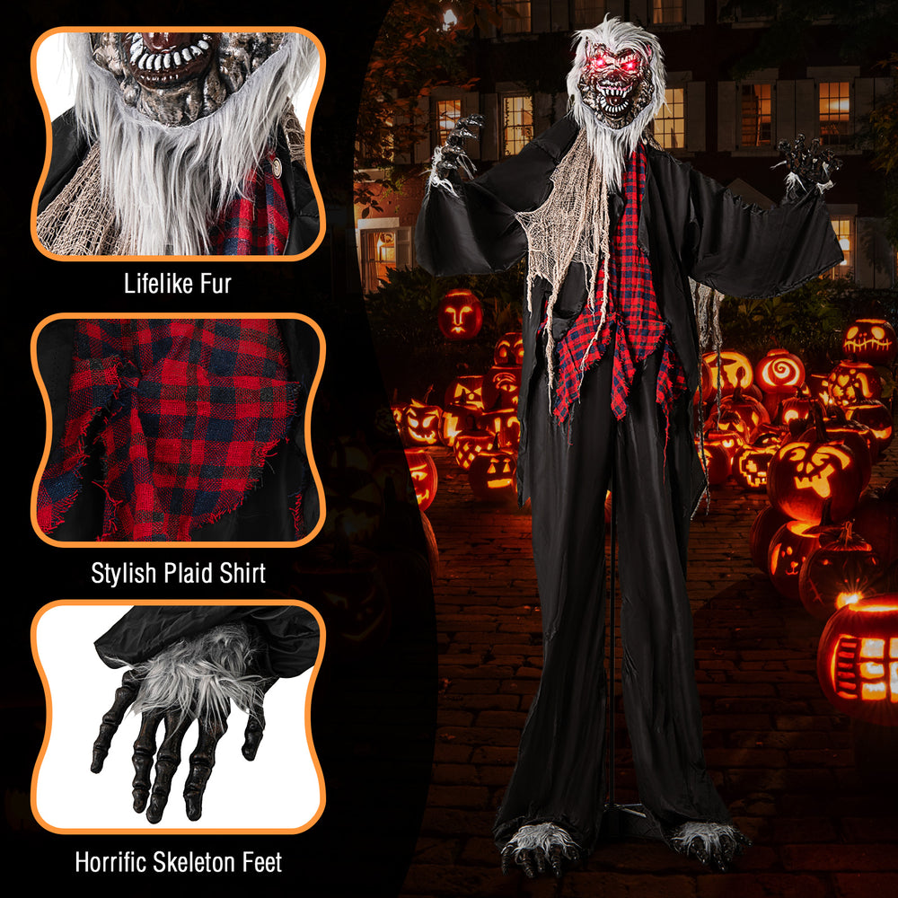 Standing animatronic werewolf with lifelike fur, red flashing eyes, and poseable arms, perfect for Halloween decoration.
