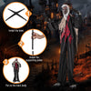 8.2 FT standing animatronic werewolf with red flashing eyes, poseable arms, and howling sounds for Halloween decoration.