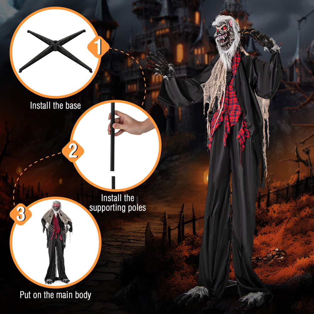 8.2 FT standing animatronic werewolf with red flashing eyes, poseable arms, and howling sounds for Halloween decoration.