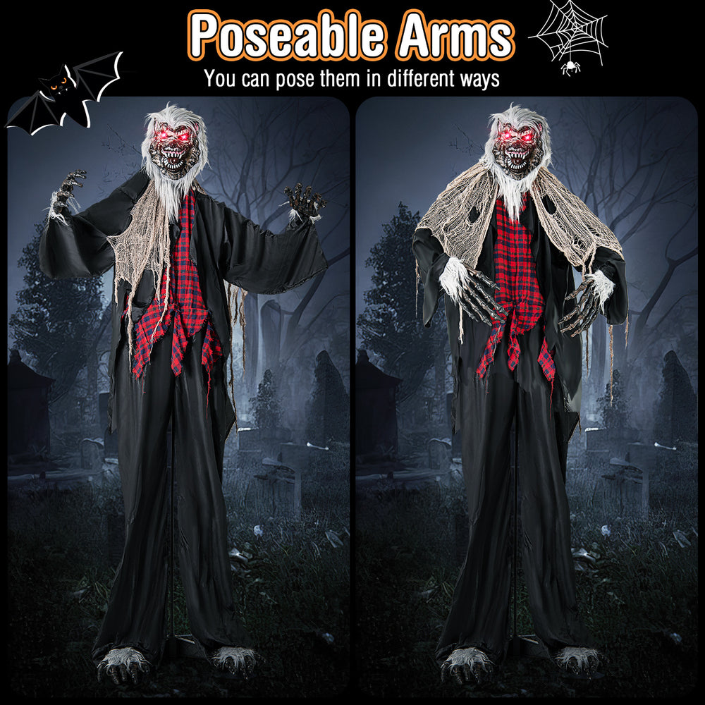 8.2 FT animatronic werewolf with poseable arms, red flashing eyes, and howling sounds for a spooky Halloween decoration.