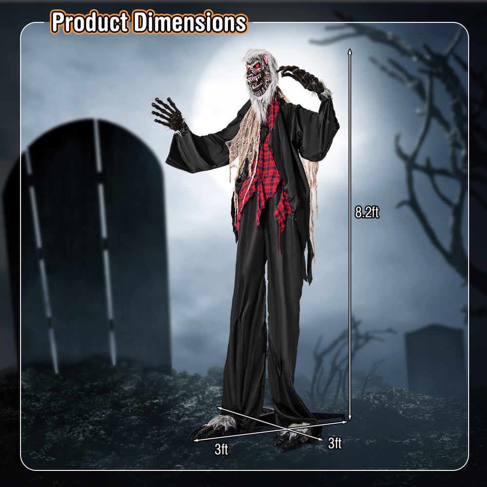 Product dimensions of the 8.2 FT standing animatronic werewolf with poseable arms and red flashing eyes for Halloween.