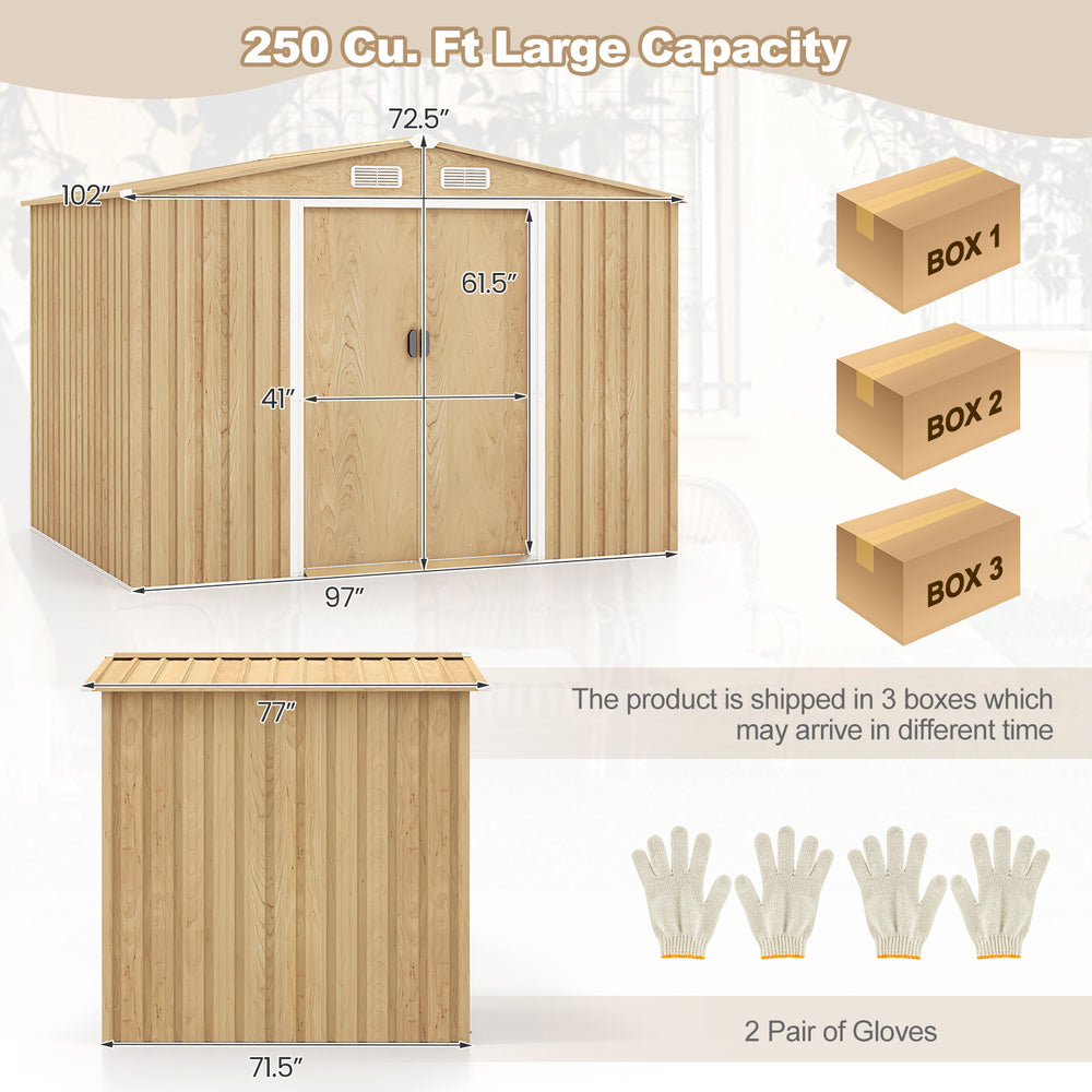 Costway Storage Shed 8.5' x 6.4' x 6' Galvanized Steel with Sliding Door New