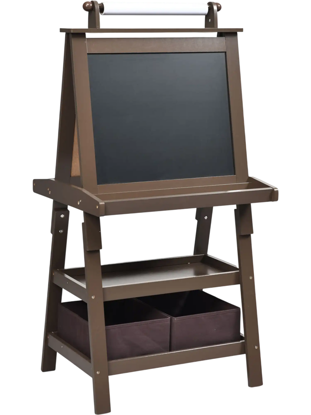 Double-sided brown art easel with chalkboard and whiteboard, featuring storage shelves and bins for kids' art supplies.