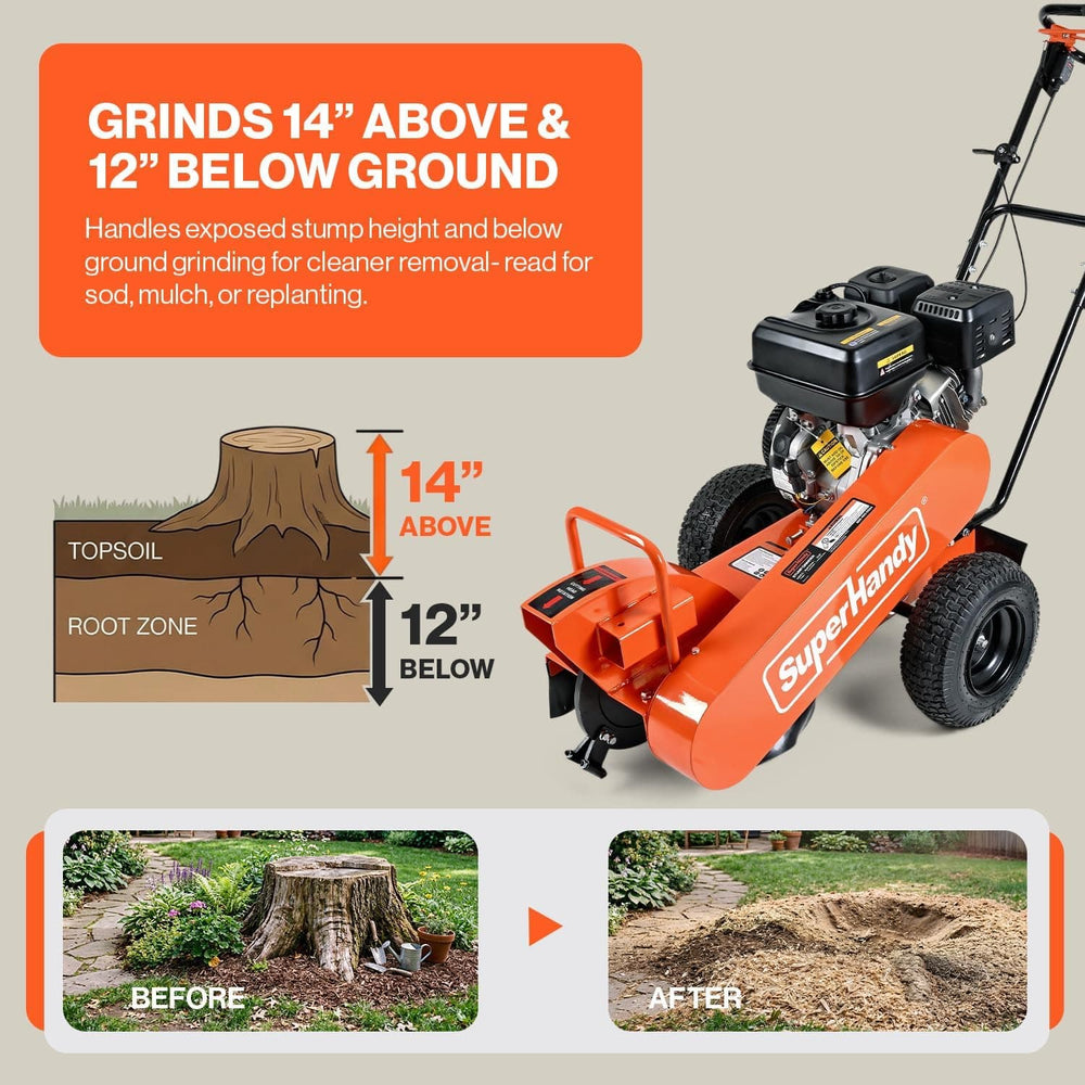 SuperHandy Superhandy 15HP Gas Powered Stump Grinder, 420cc 4-Stroke Engine, 8 Tungsten Carbide Teeth, Towable Design with 13" Pneumatic Tires for Heavy-Duty Wood Stump Removal