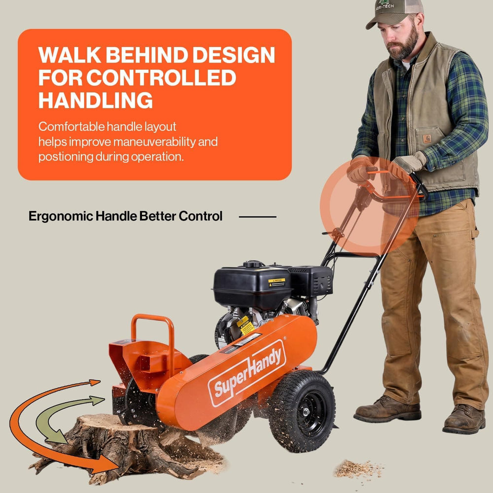 SuperHandy Superhandy 15HP Gas Powered Stump Grinder, 420cc 4-Stroke Engine, 8 Tungsten Carbide Teeth, Towable Design with 13" Pneumatic Tires for Heavy-Duty Wood Stump Removal