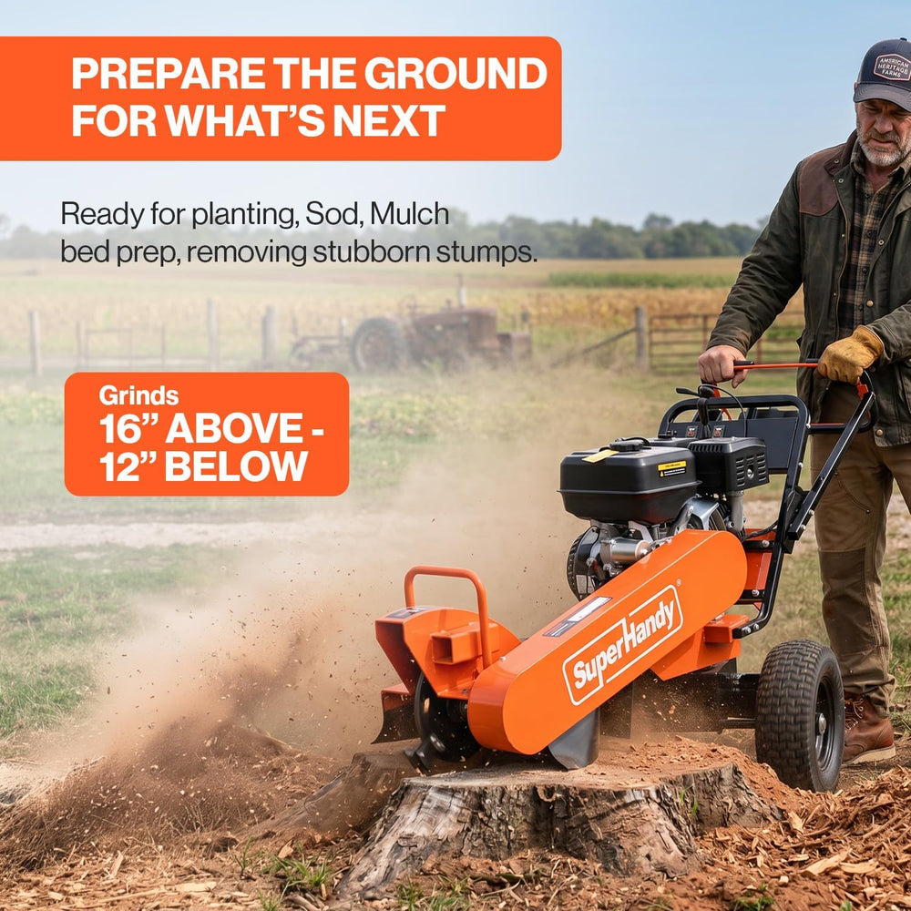 SuperHandy Superhandy 15HP Gas-Powered Stump Grinder with Electric Start, 420cc Engine, Sweep Function, Adjustable Angled & Foldable Handle, 8 Tungsten Carbide Teeth