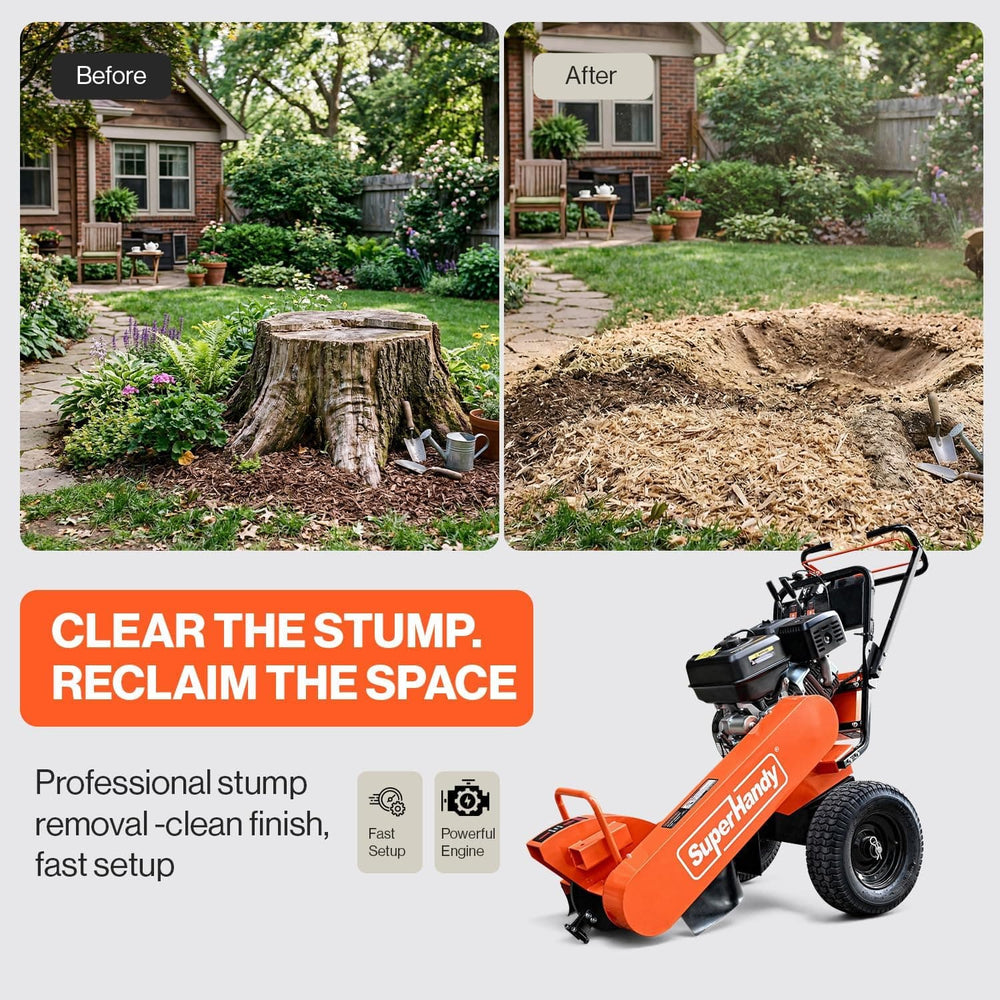 SuperHandy Superhandy 15HP Gas-Powered Stump Grinder with Electric Start, 420cc Engine, Sweep Function, Adjustable Angled & Foldable Handle, 8 Tungsten Carbide Teeth