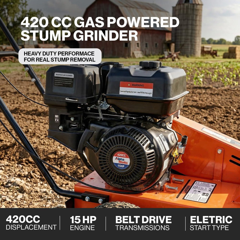 SuperHandy Superhandy 15HP Gas-Powered Stump Grinder with Electric Start, 420cc Engine, Sweep Function, Adjustable Angled & Foldable Handle, 8 Tungsten Carbide Teeth