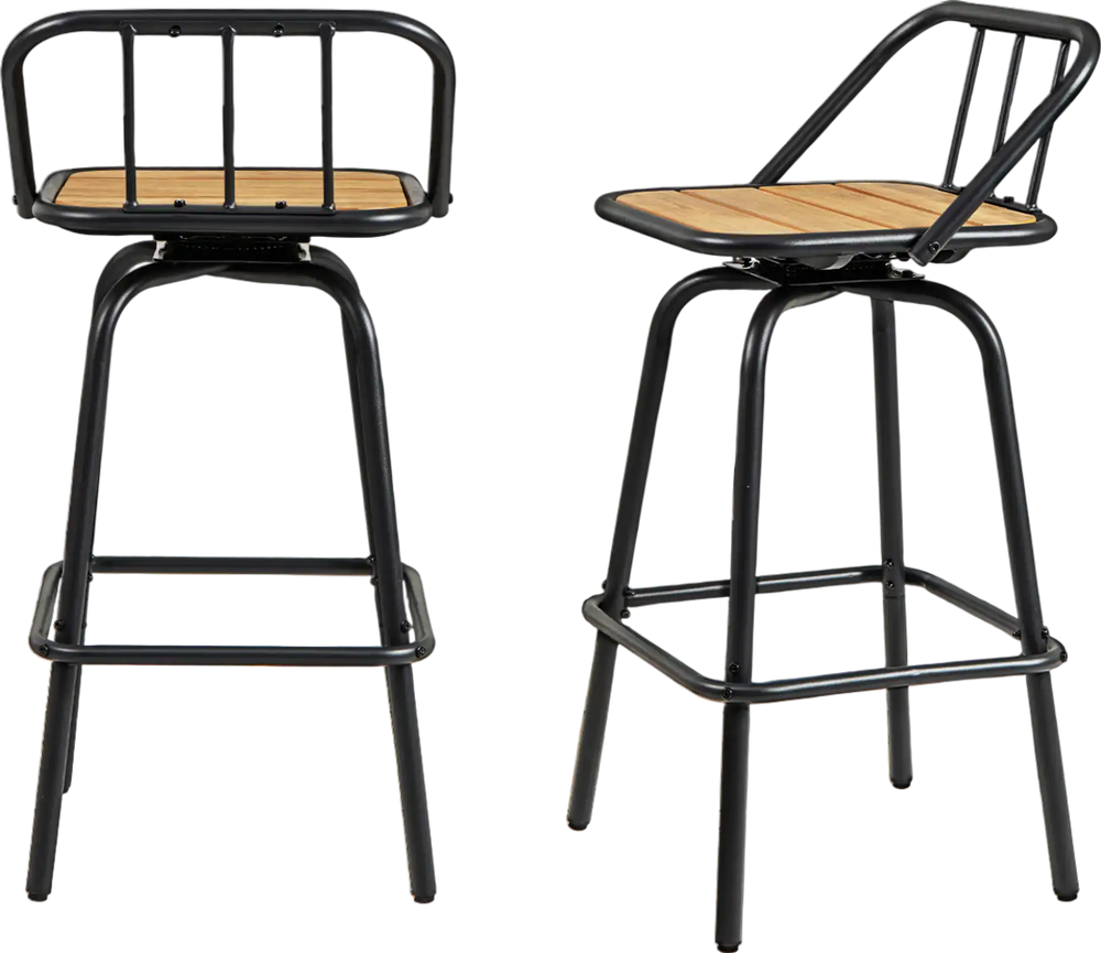 Close-up of the slatted seat design on a black and natural 360° swivel bar stool, offering ventilation and comfort.