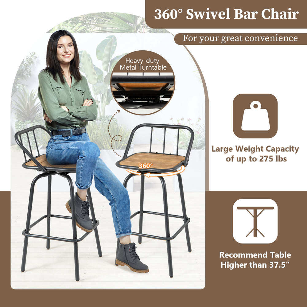360° swivel bar stool set of 2 with black metal frame and natural wood seat, ideal for kitchen or dining use.