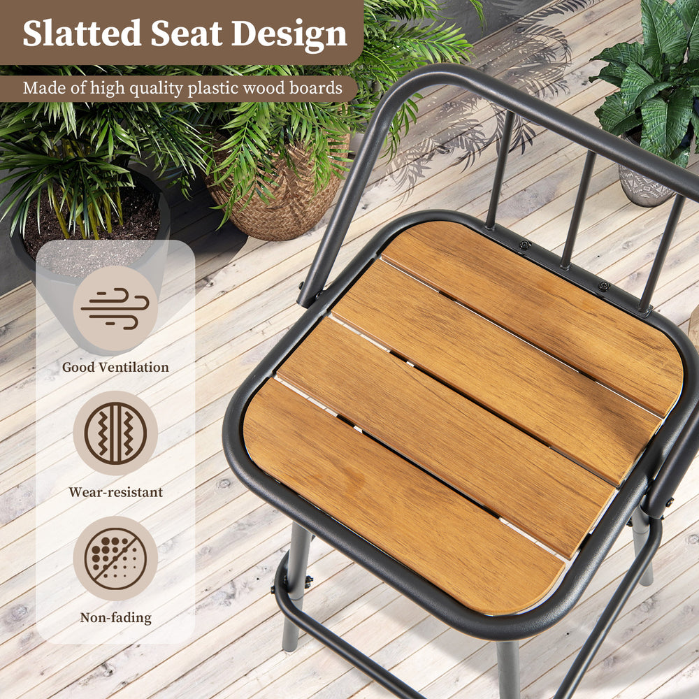 Slatted seat design of a 360° swivel bar stool, featuring a black metal frame and natural plastic wood surface for.