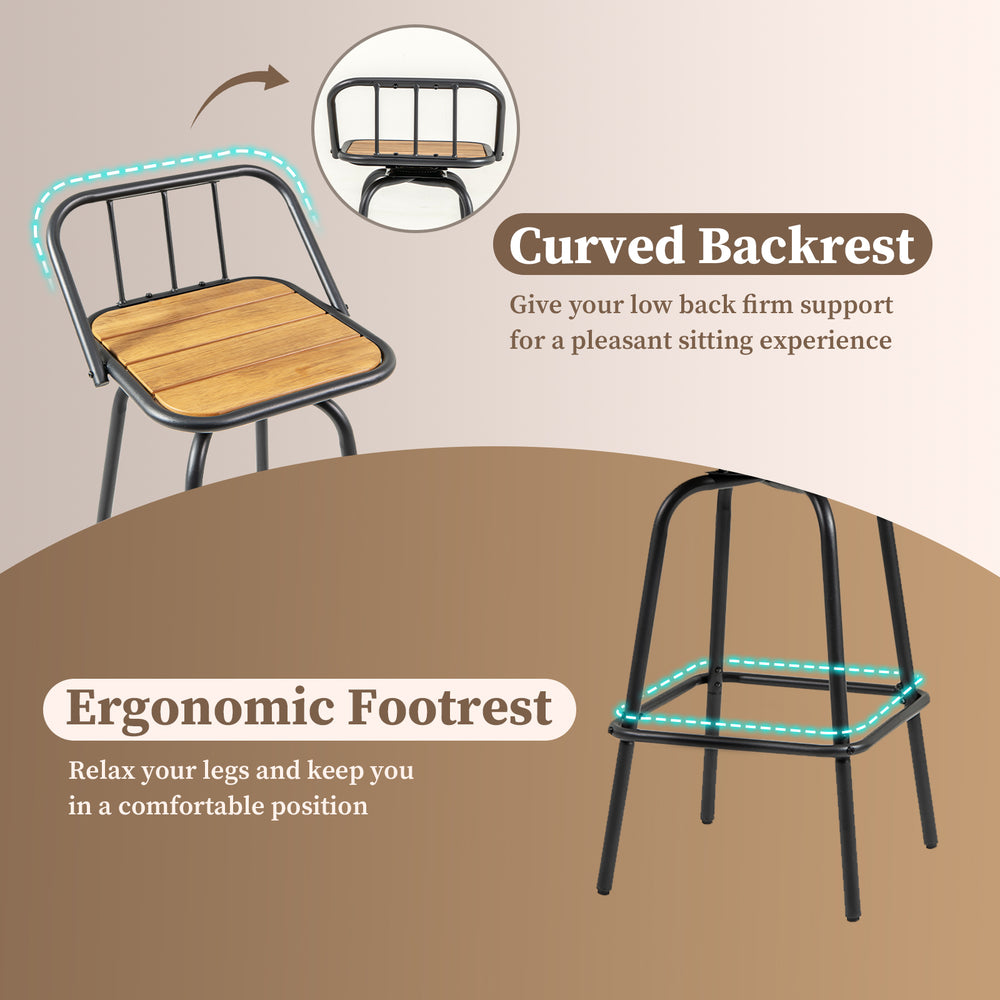 Curved backrest and ergonomic footrest of a black and natural 360° swivel bar stool set for maximum comfort.