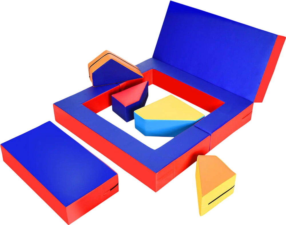 Colorful 8-piece foam shapes playset for toddlers, featuring various shapes for climbing and crawling activities.