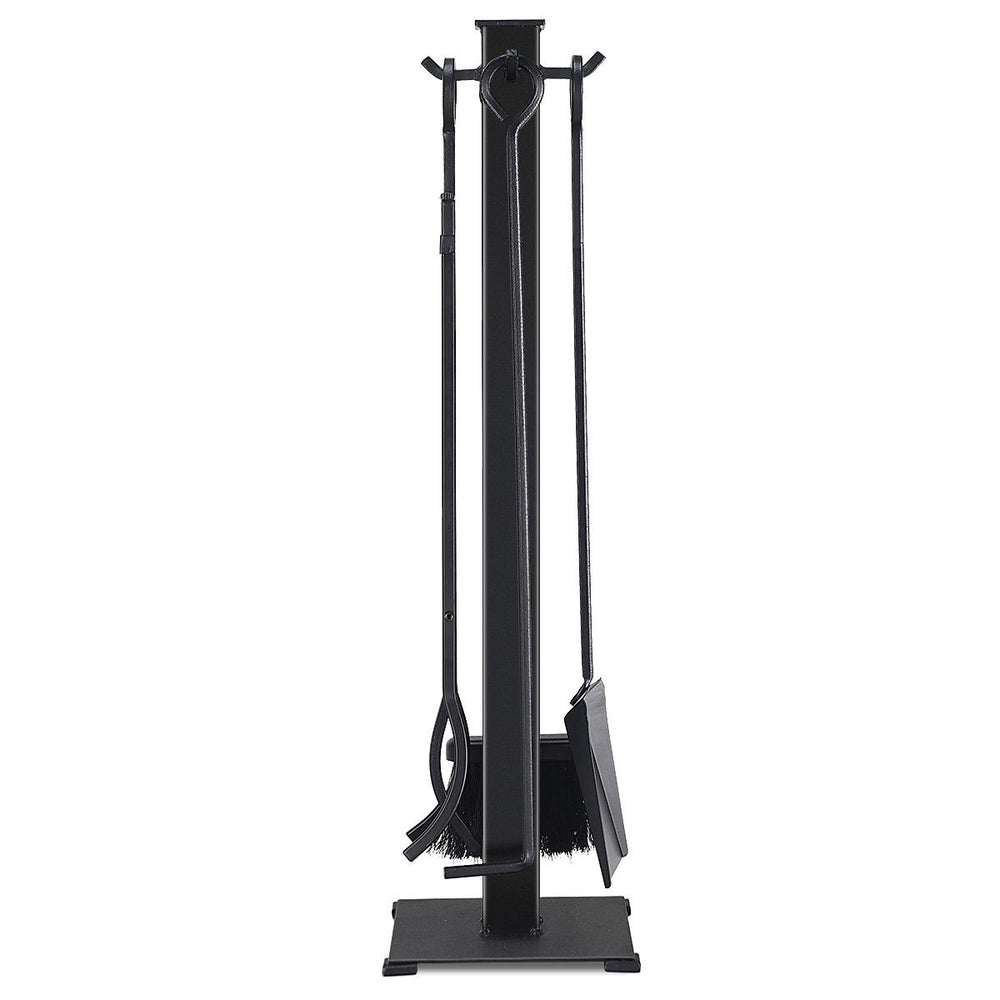 Five-piece fireplace tool set in black steel, featuring a base, tong, poker, shovel, and brush for fire tending.