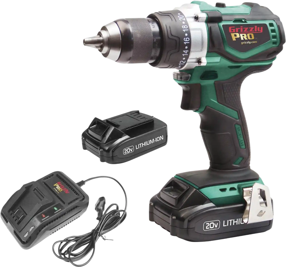 Grizzly PRO T30290X2 - 20V Hammer Drill Kit with 2 Li-Ion Batteries & Charger