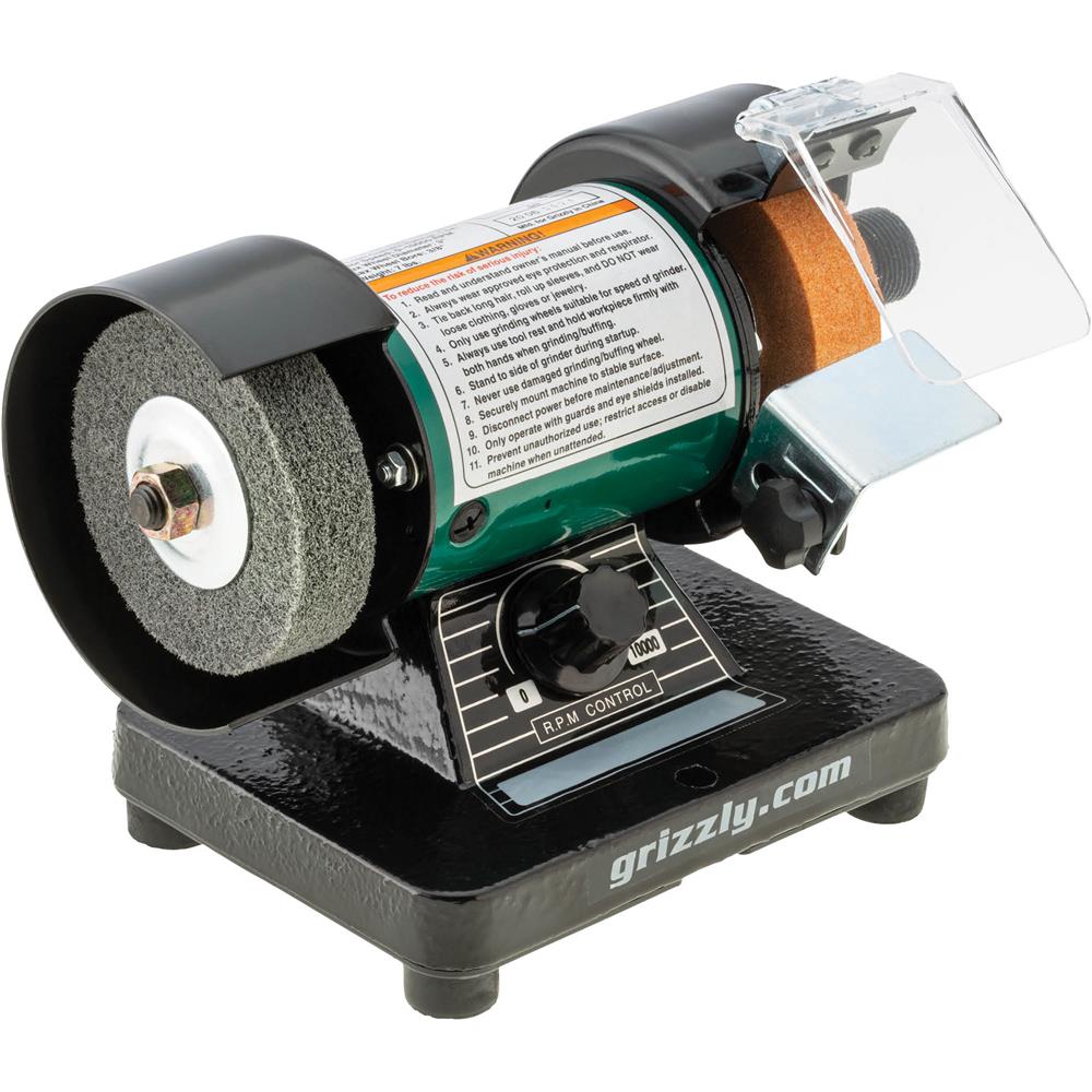 Grizzly T32002 - 3" Variable-Speed Mini Benchtop Grinder/Buffer with Rotary Shaft