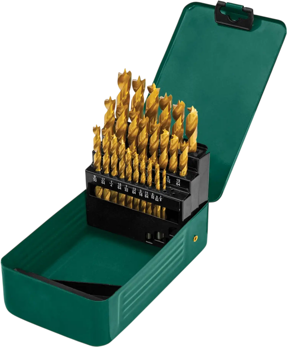Grizzly PRO T33691 - M2 HSS TiN-Coated Brad Point Bit Set, 25 Pc.
