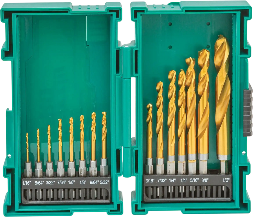 Grizzly PRO T33840 - M2 HSS TiN-Coated Quick-Release Hex Shank Drill Bit Set, 15 Pc.