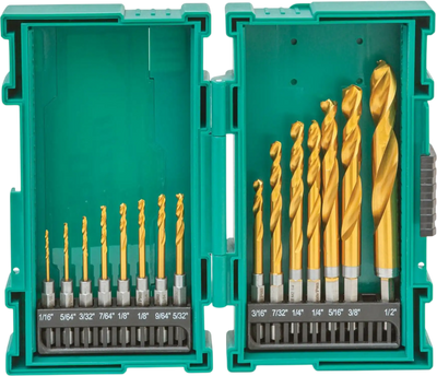 Grizzly T33840 Drill Bit Set PRO M2 HSS TiN-Coated Quick-Release Hex Shank 15 Pc New