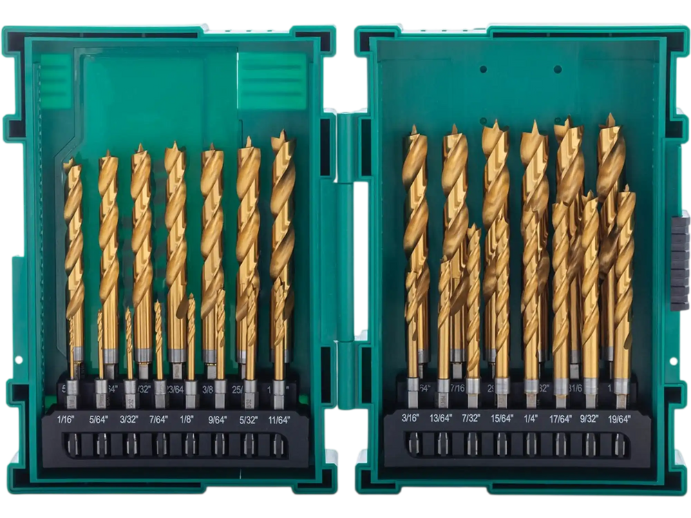 Grizzly PRO T34202 - 29-PC M2 HSS TiN-Coated Quick Release Hex Shank Brad Point Bit Set