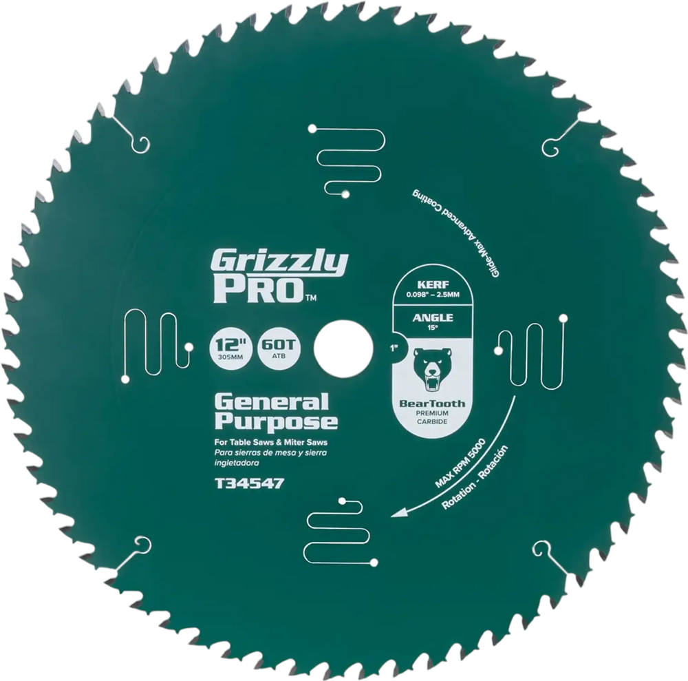 Grizzly PRO T34547 - 12" x 1" 60T ATB Combination Saw Blade
