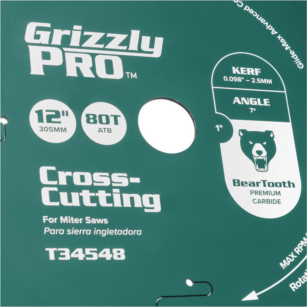 Grizzly PRO T34548 - 12" x 1" 80T ATB Crosscut Saw Blade