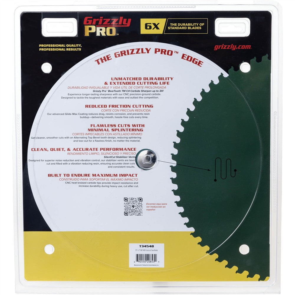 Grizzly PRO T34548 - 12" x 1" 80T ATB Crosscut Saw Blade