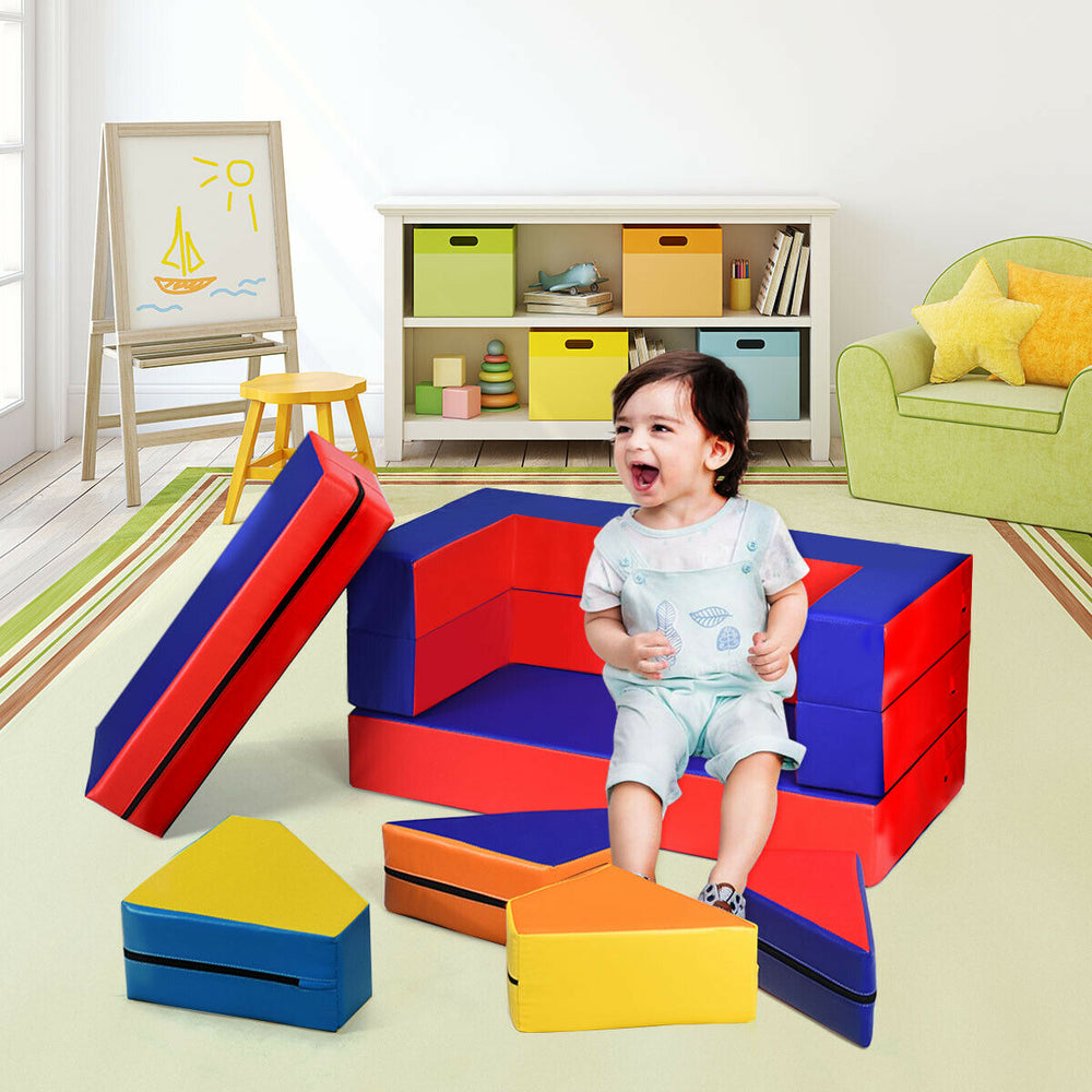 Colorful 8-piece foam shapes playset for toddlers, featuring a soft, lightweight design for climbing and crawling fun.