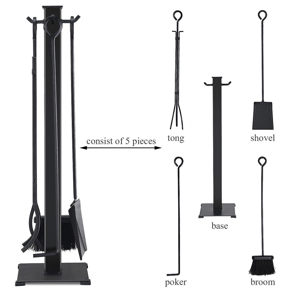 5-piece fireplace tool set in black finish includes a base, tong, poker, shovel, and brush for fire tending needs.